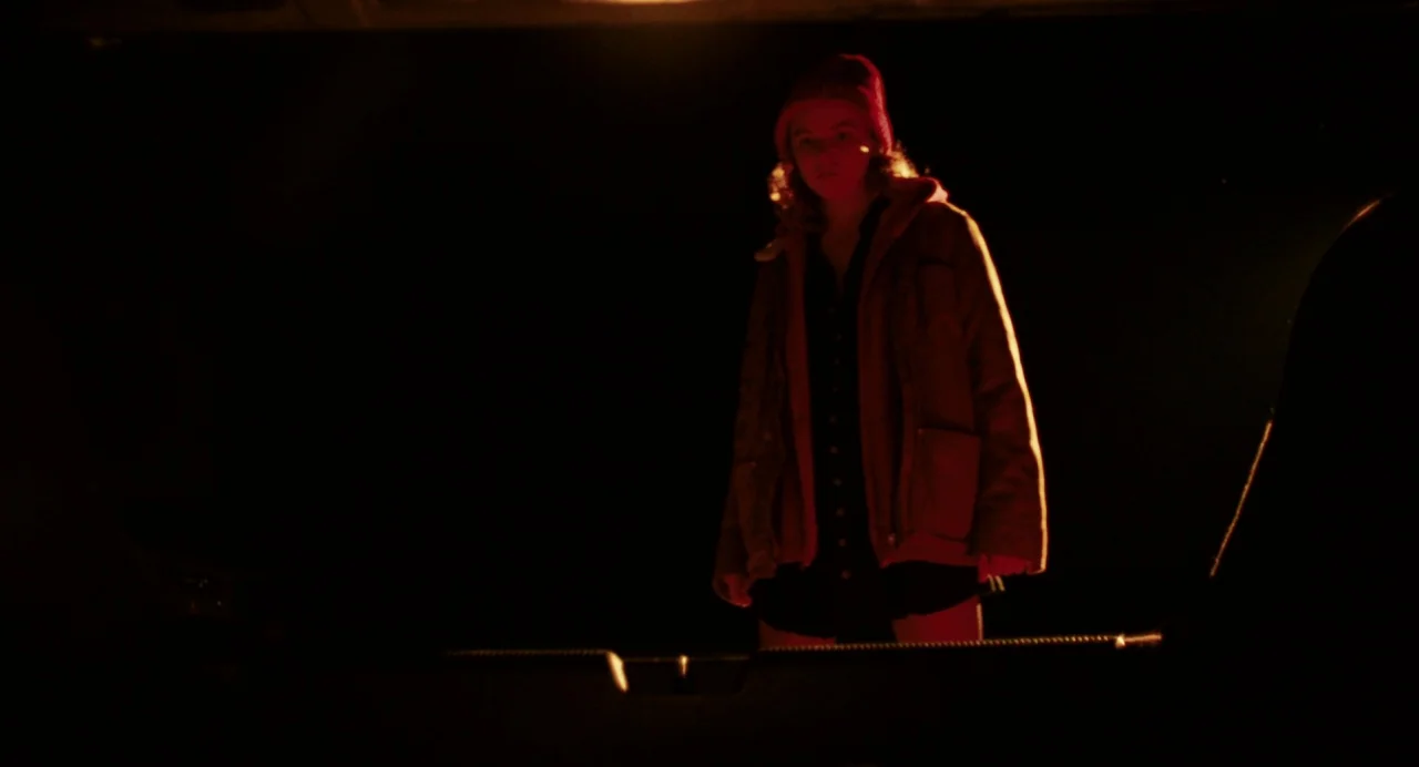 Blow The Man Down (2019) movie still: medium — A person stands inside the open cargo area of a dark vehicle at night. The surrounding environment is…