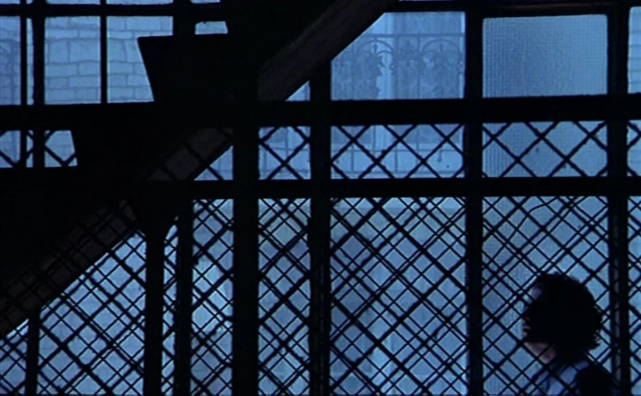 Diva (1981) movie still: wide — A dark stairwell featuring a heavy iron lattice partition that obscures the background. A solitary man stands in the…