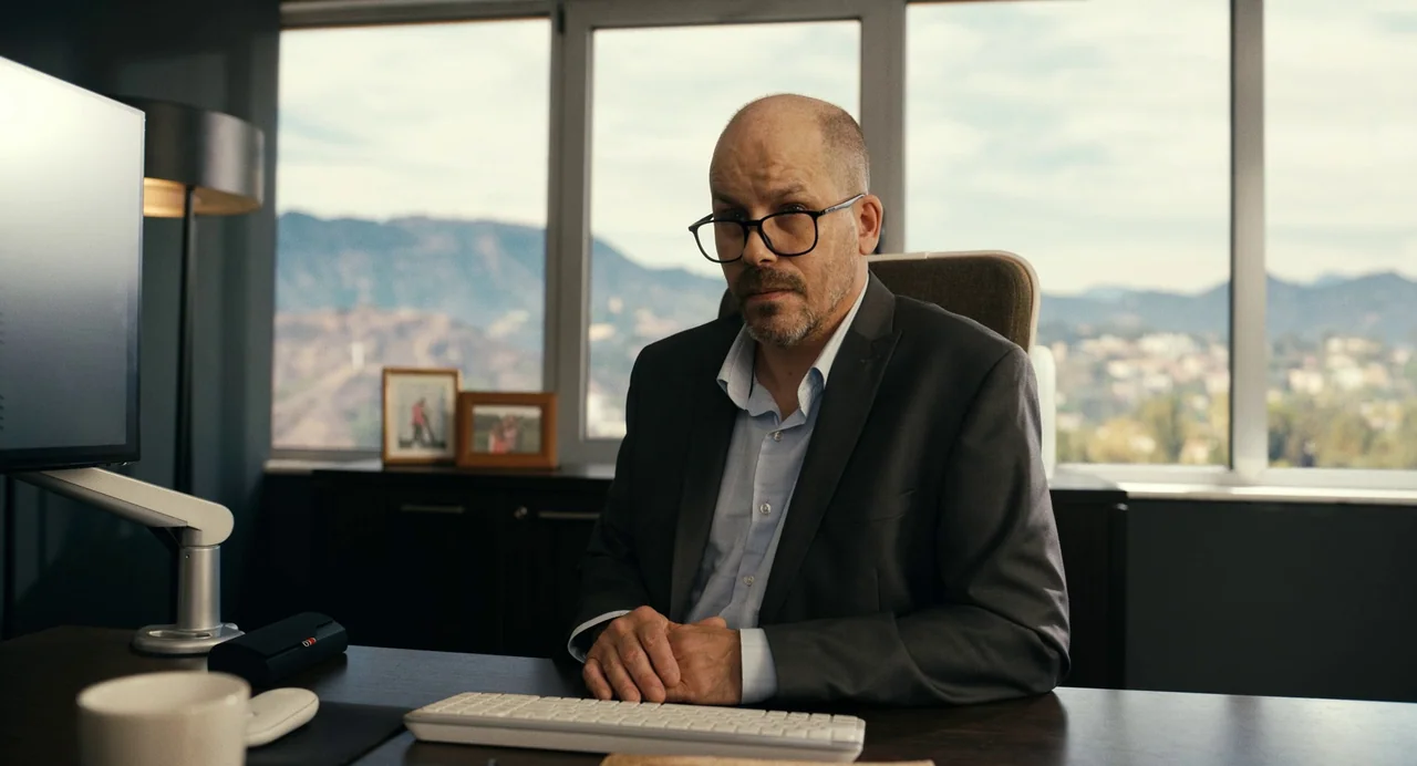 Barbarian (2022) movie still: medium — A modern executive office features a large desk with a monitor and keyboard view. The man sits behind the…
