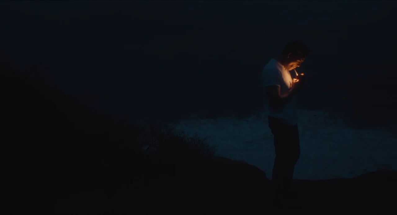 Born To Be Blue (2015) movie still: medium — A dark cliff edge overlooks the ocean at night with vegetation in the foreground. A man stands alone on…