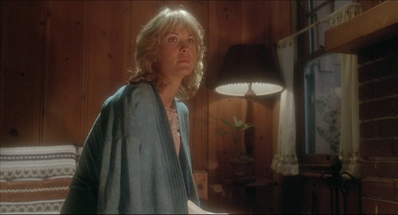 The Howling (1981) movie still: medium — A living room features wood-paneled walls and a window with curtains at night. A woman in a blue robe sits…