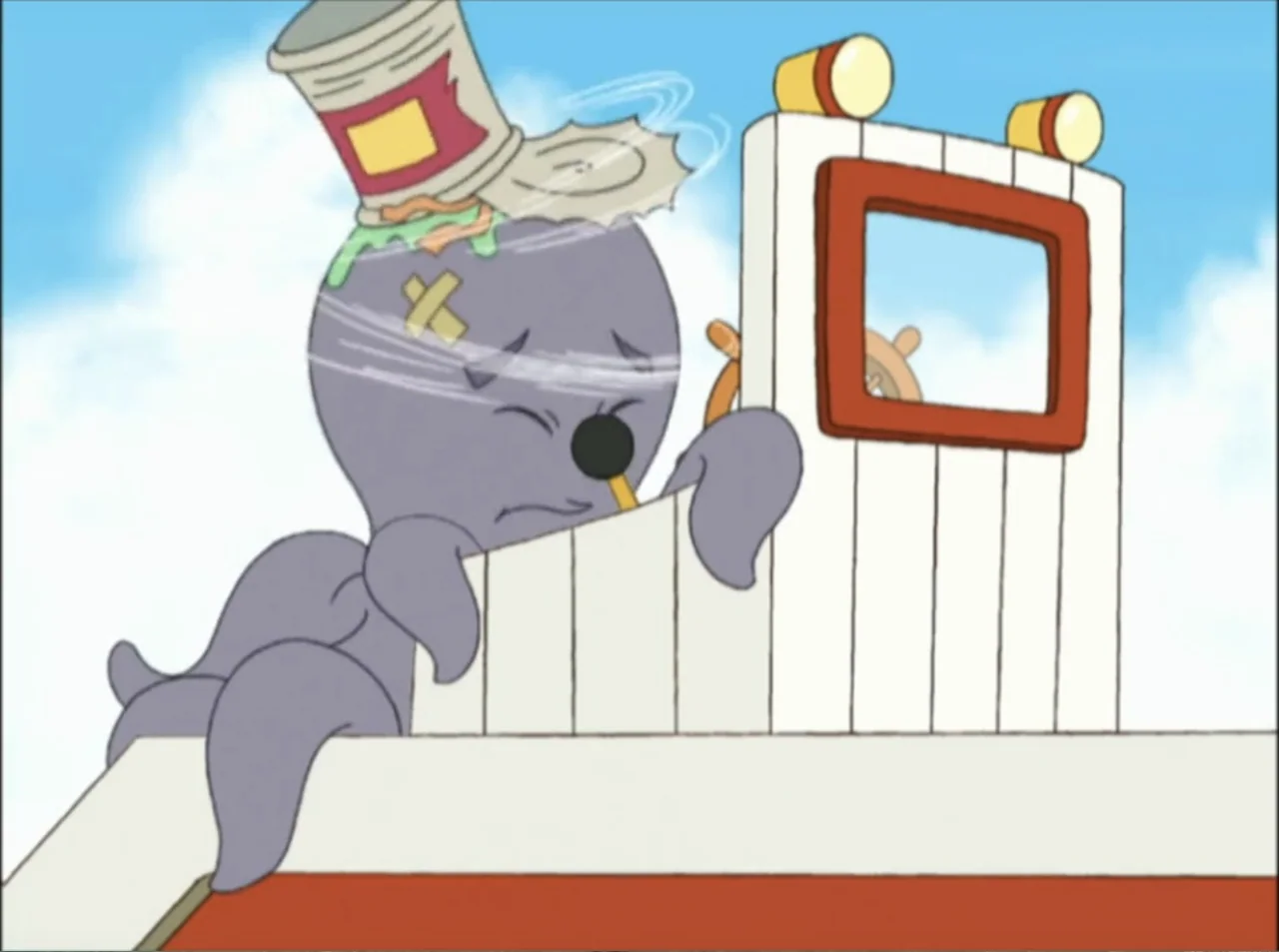 Dora the Explorer: Mermaid Adventures (2025) movie still: medium — A cartoon purple octopus character sits on the deck of a simple white boat. The…