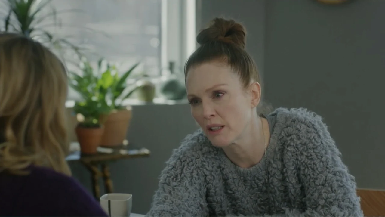 Maggie's Plan (2016) movie still: medium — An interior living room with a window and potted plants in the background. A woman in a grey knit sweater…