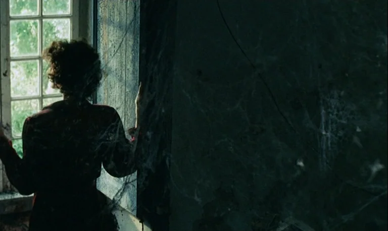 The Rose King (1986) movie still: medium — An abandoned room features dark, peeling walls covered in thick, layered cobwebs. A woman in a dark dress…