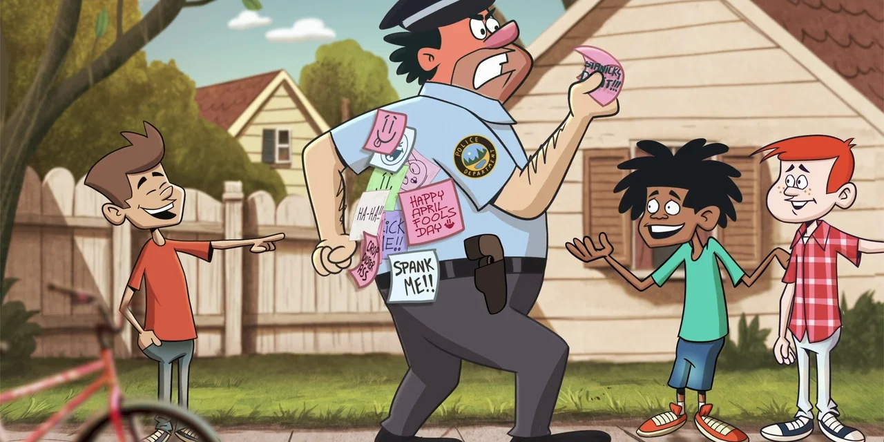Ricky Stanicky (2024) movie still: fullbody — A suburban street scene with a light colored house and wooden fence. A police officer walks away while…