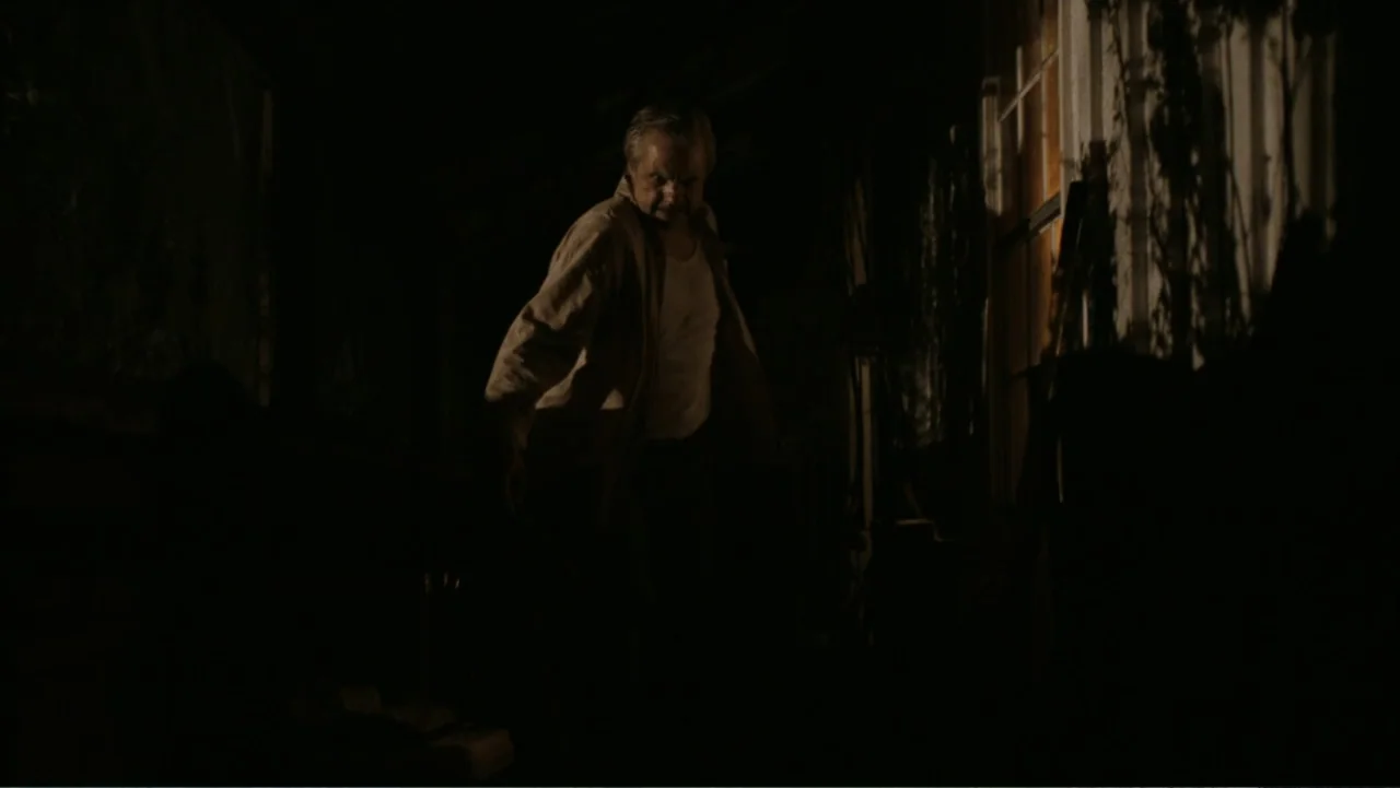 Alabama Snake (2020) movie still: medium — An interior space is dimly lit with heavy shadows obscuring much of the room. An older man stands in the…