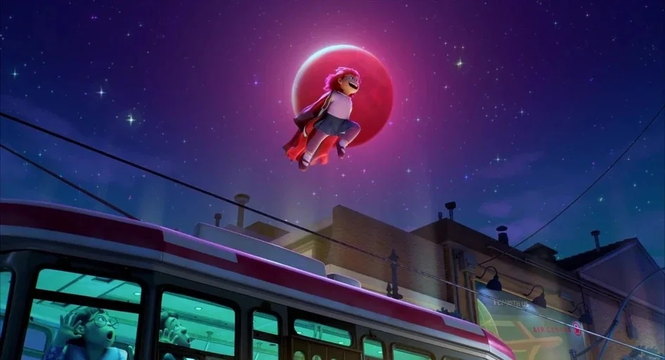 Turning Red (2022) movie still: wide — A night sky features a large, glowing red moon above city buildings and streetcar wires. A teenage girl with…