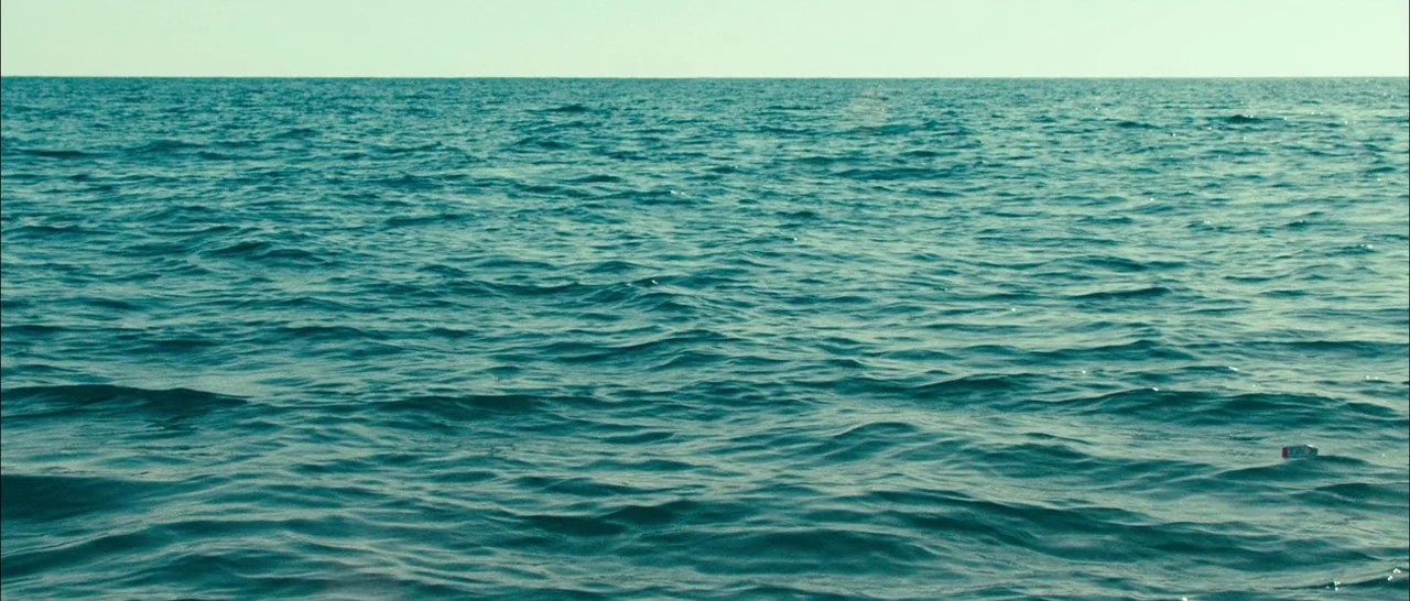 Swiss Army Man (2016) movie still: establishing — A wide expanse of the sea stretches to a distant, flat horizon line. A lone small plastic…