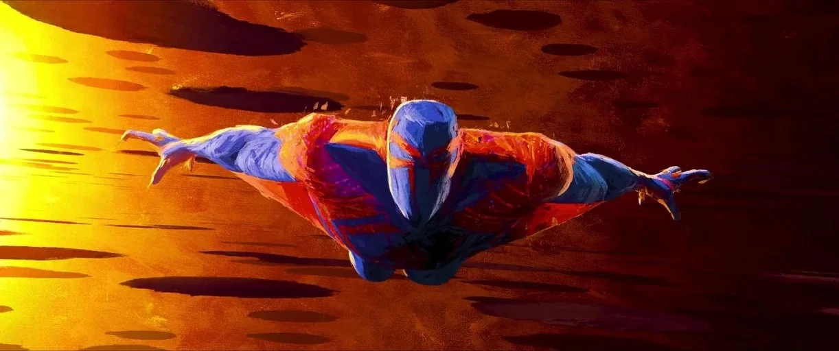 Spider-Man: Across the Spider-Verse (2023) movie still: medium — A masked superhero in a red and blue suit glides through the air. The background…