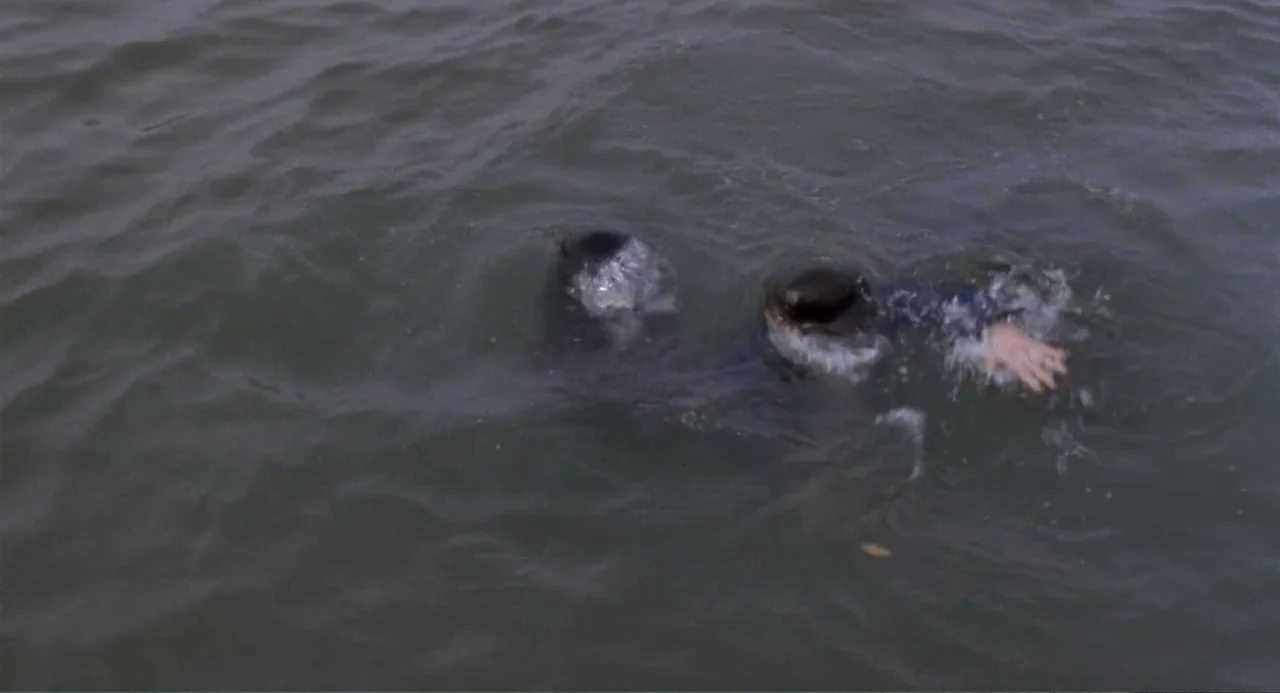 American Ninja 3: Blood Hunt (1989) movie still: medium — Two figures are partially submerged in murky, grey open water during the daytime. The pair…