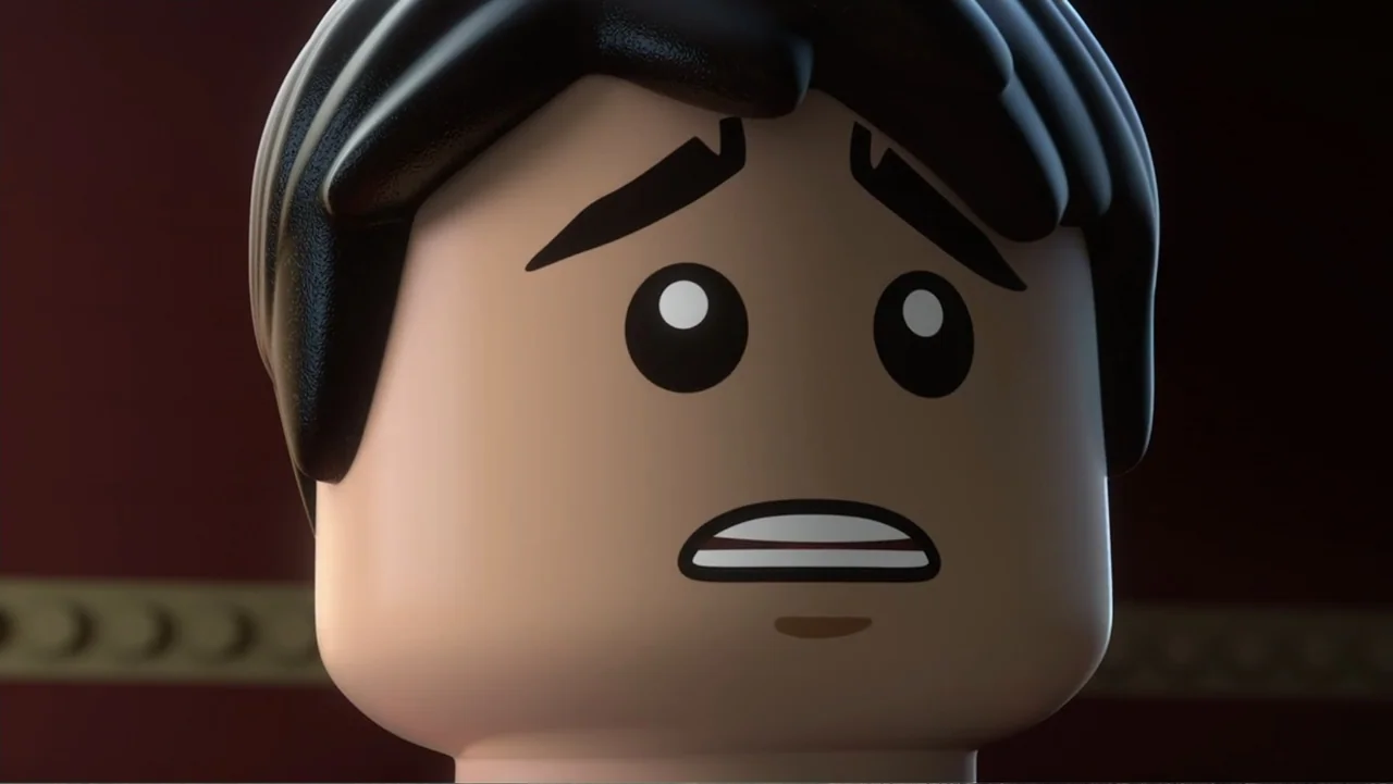 LEGO DC: Shazam! Magic and Monsters (2020) movie still: closeup — A close up of a stylized plastic toy figure against a dark red background. The toy…