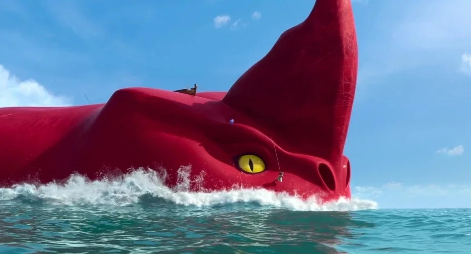 The Sea Beast (2022) movie still: wide — A massive smooth red sea creature emerges from bright blue ocean waves. A small child hangs onto a rope…