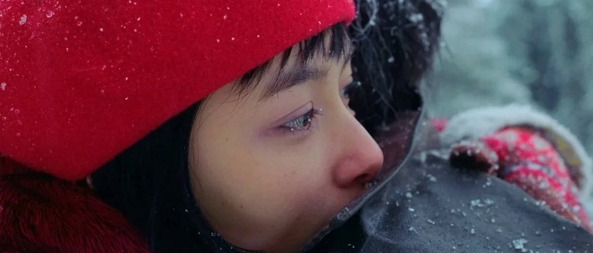 Oldboy (2003) movie still: closeup — A person wears a vibrant red beret while standing in a snowy environment. Snowflakes accumulate on the surface…
