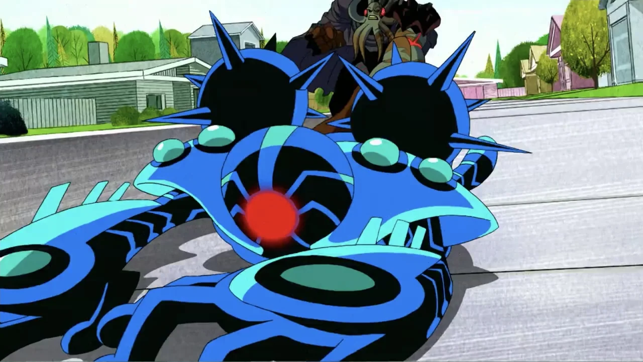 Ben 10 vs. the Universe: The Movie (2020) movie still: medium — A suburban street with houses and grass is seen under daylight. A blue mechanical…