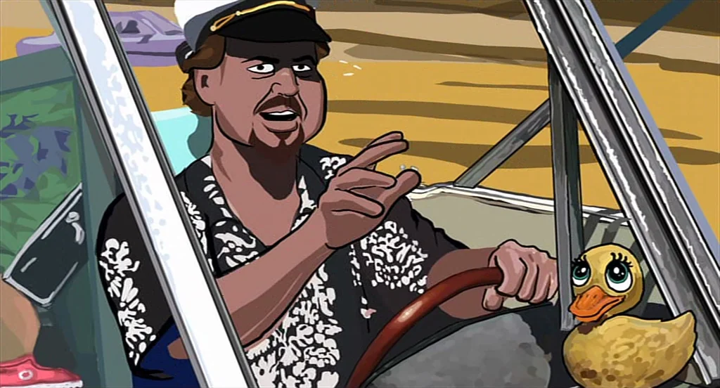 Waking Life (2001) movie still: medium — A man drives a car through a dry, tan-colored landscape. A small rubber duck sits on the dashboard as the…