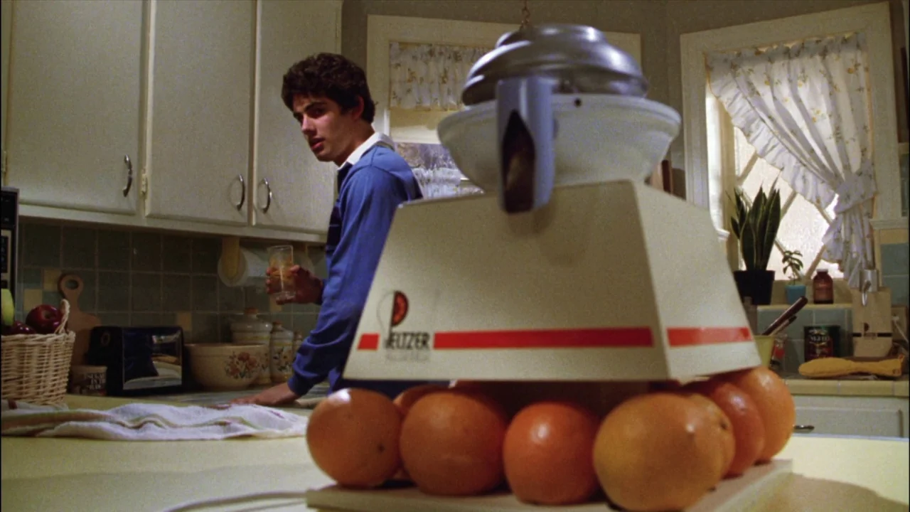 Gremlins (1984) movie still: medium — A 1980s domestic space features white cabinets and tile countertops. A teenage boy stands in the background…