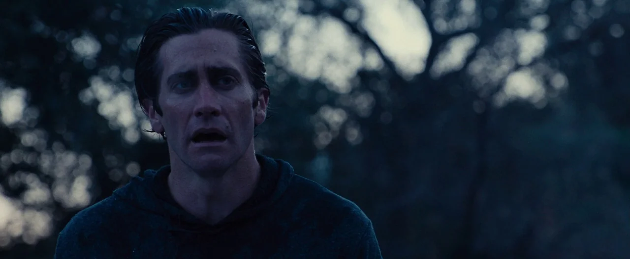 Nocturnal Animals (2016) movie still: closeup — A dark, blurred thicket of trees at night forms the background behind the subject. A man in a dark…