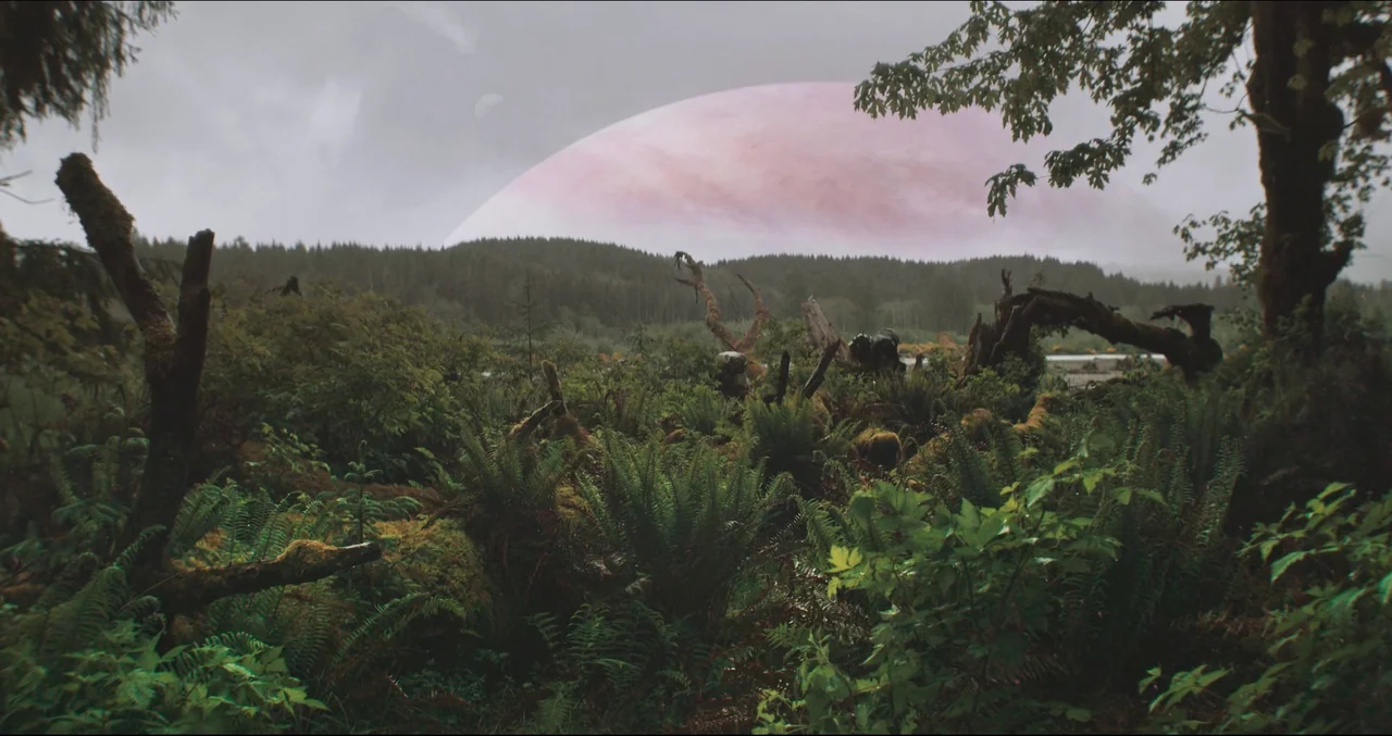 Prospect (2018) movie still: wide — A dense temperate rainforest features mossy ferns and deadwood under a grey cloudy sky. A large translucent pink…