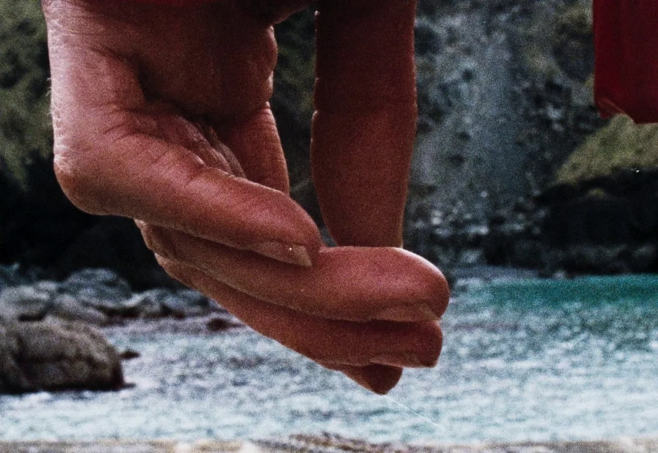 Enys Men (2022) movie still: closeup — A close-up shot focuses on a human hand held over a rocky coastal shoreline. The blurred background shows…