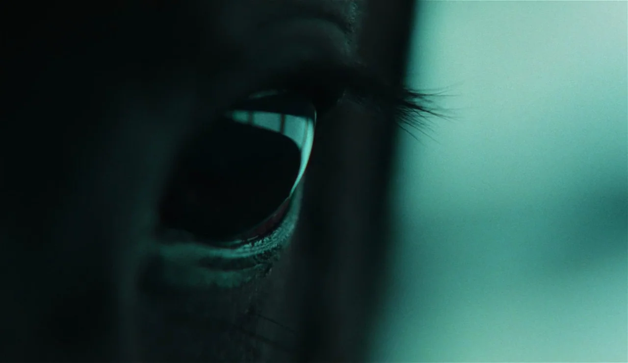 The Ring (2002) movie still: closeup — An extreme close-up of a human eye captured in dim, low-contrast conditions. The pupil reflects a light…