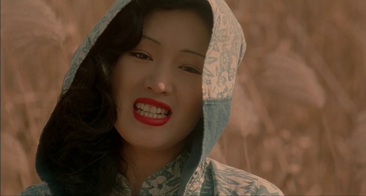 Shanghai Triad (1995) movie still: closeup — A woman stands in a blurred, tall grass field during the daytime. She wears a hooded floral patterned…