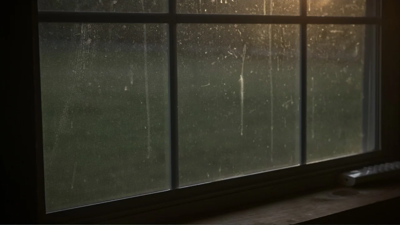 Predators (2010) movie still: establishing — A close view of a dusty window frame with pane dividers looking outside. The window glass is streaked…
