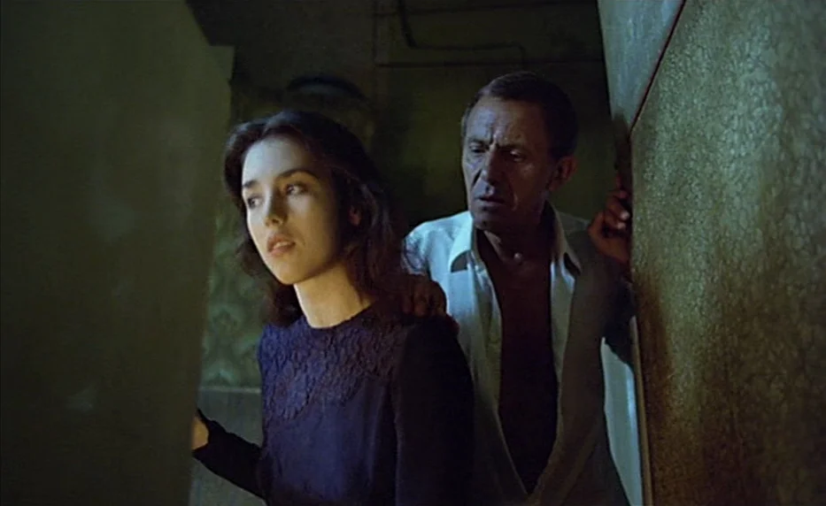 Possession (1981) movie still: medium — A dimly lit narrow hallway with textured wallpaper at night. A woman stares ahead while a man stands…