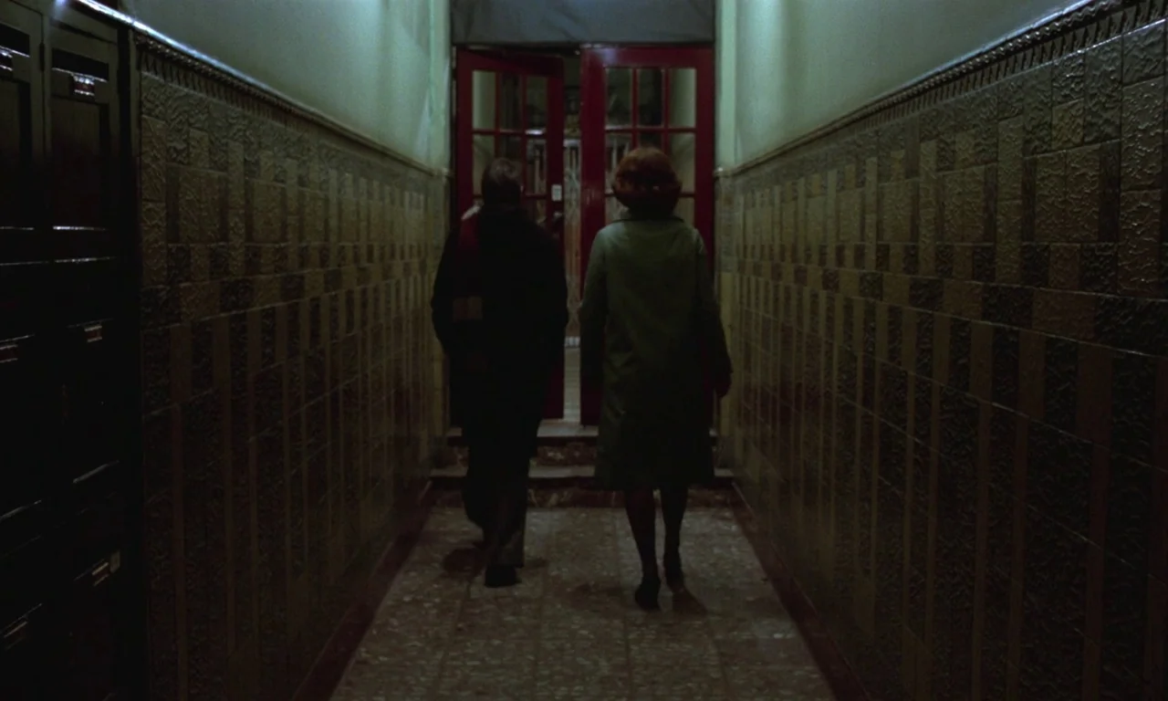 Jeanne Dielman, 23, quai du commerce, 1080 Bruxelles (1975) movie still: medium — A narrow residential passage features tiled walls with vertical…