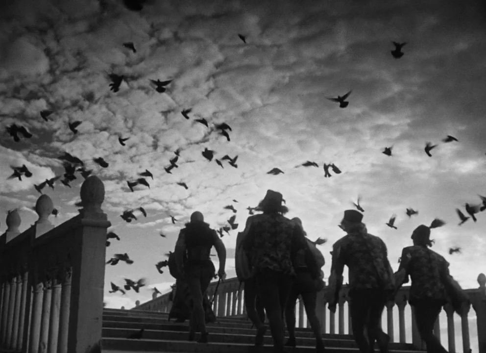 Othello (1952) movie still: fullbody — A group of figures ascends a white stone staircase towards a bright, cloudy sky. Dozens of birds scatter and…