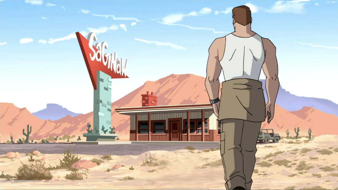 Justice League: The New Frontier (2008) movie still: fullbody — A flat desert landscape features a single-story building and a prominent sign marked…
