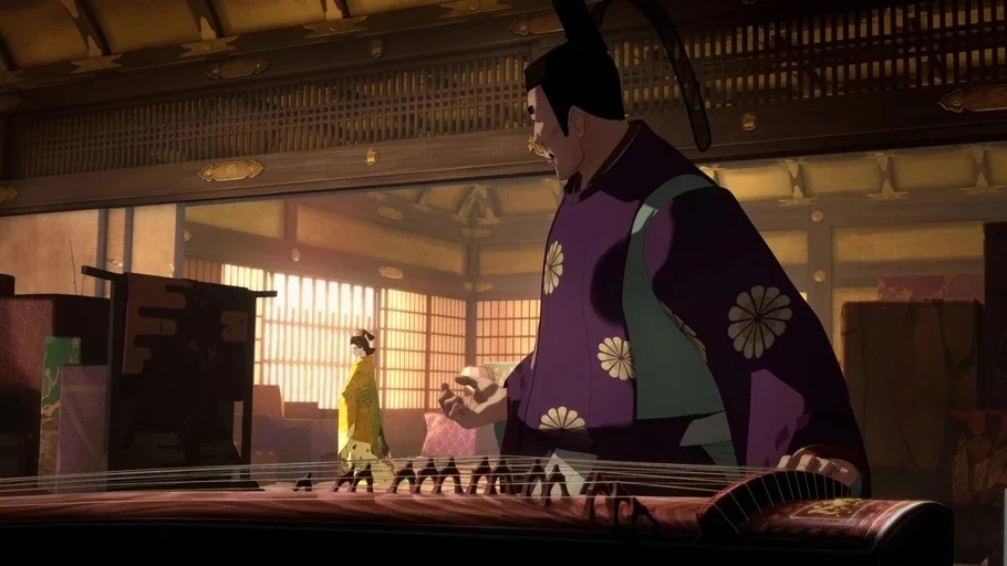 BLUE EYE SAMURAI (2023) movie still: medium — A spacious traditional room with wood-paneled walls and translucent shoji screens.