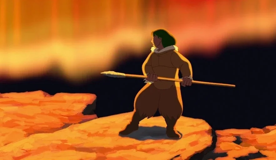 Brother Bear (2003) movie still: fullbody — A rugged orange rock ledge sits surrounded by a dark void of molten lava. A young man stands on the…