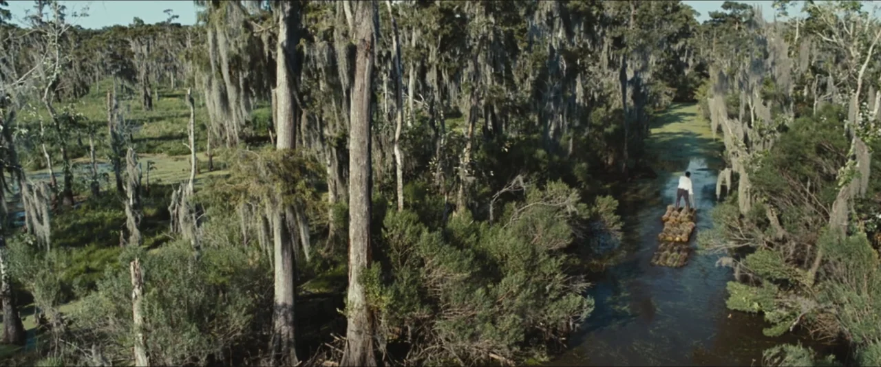12 Years a Slave (2013) movie still: wide — A dense cypress swamp filled with towering trees draped in long hanging Spanish moss. A lone man on a…