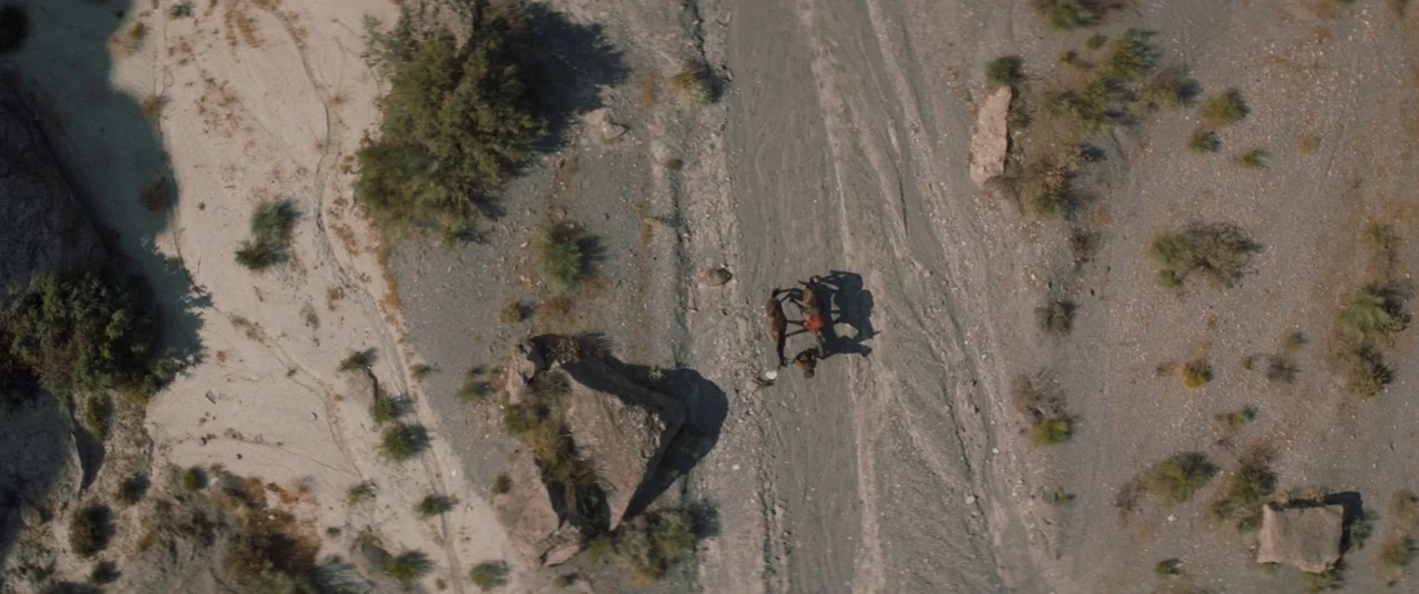 The Sisters Brothers (2018) movie still: wide — An arid, rocky riverbed with scattered shrubs and large boulders stretches across the frame. A lone…