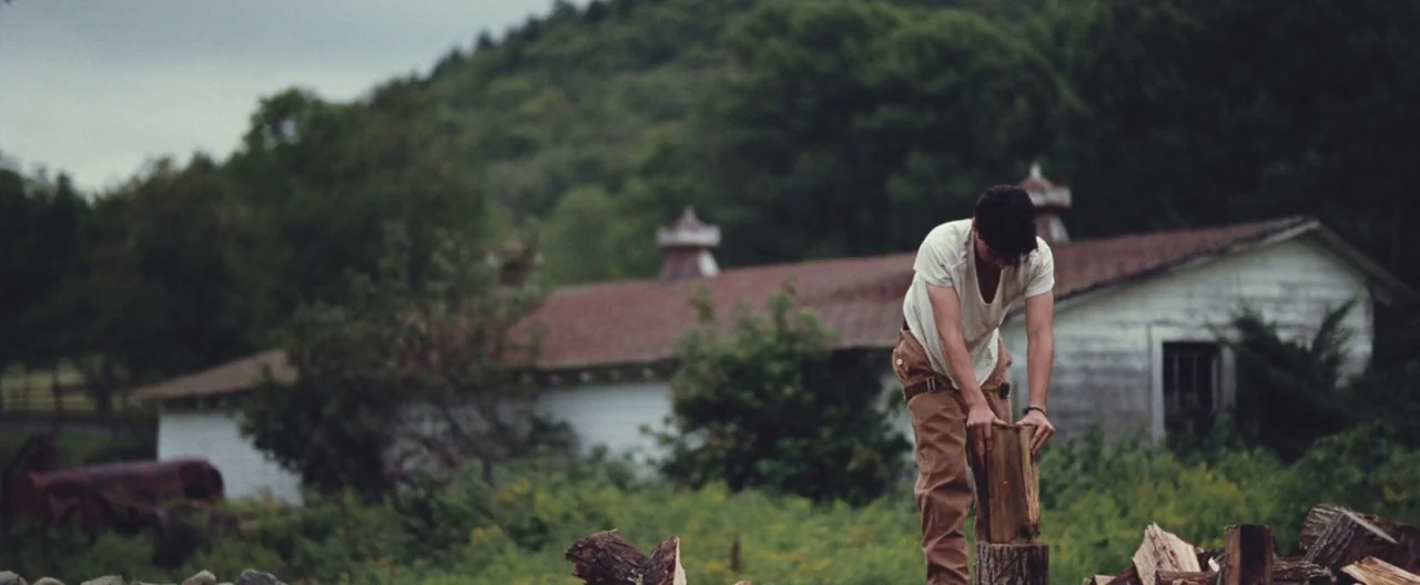 Martha Marcy May Marlene (2011) movie still: medium — A man chops wood in front of a white farmhouse on an overcast day. The rustic farm building…