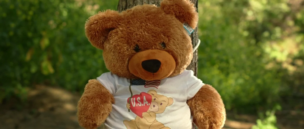 God Bless America (2011) movie still: closeup — A brown teddy bear wearing a white t-shirt rests against a wooden tree trunk. The bear sits…