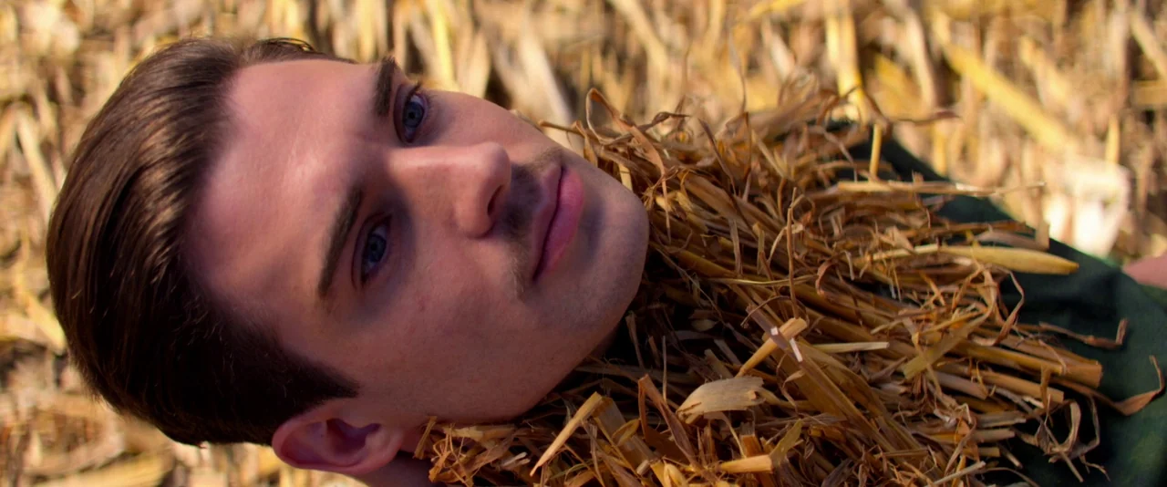 Pearl (2022) movie still: closeup — A field covered in harvested dry corn stalks and golden debris. A young man lies on his back embedded in the…