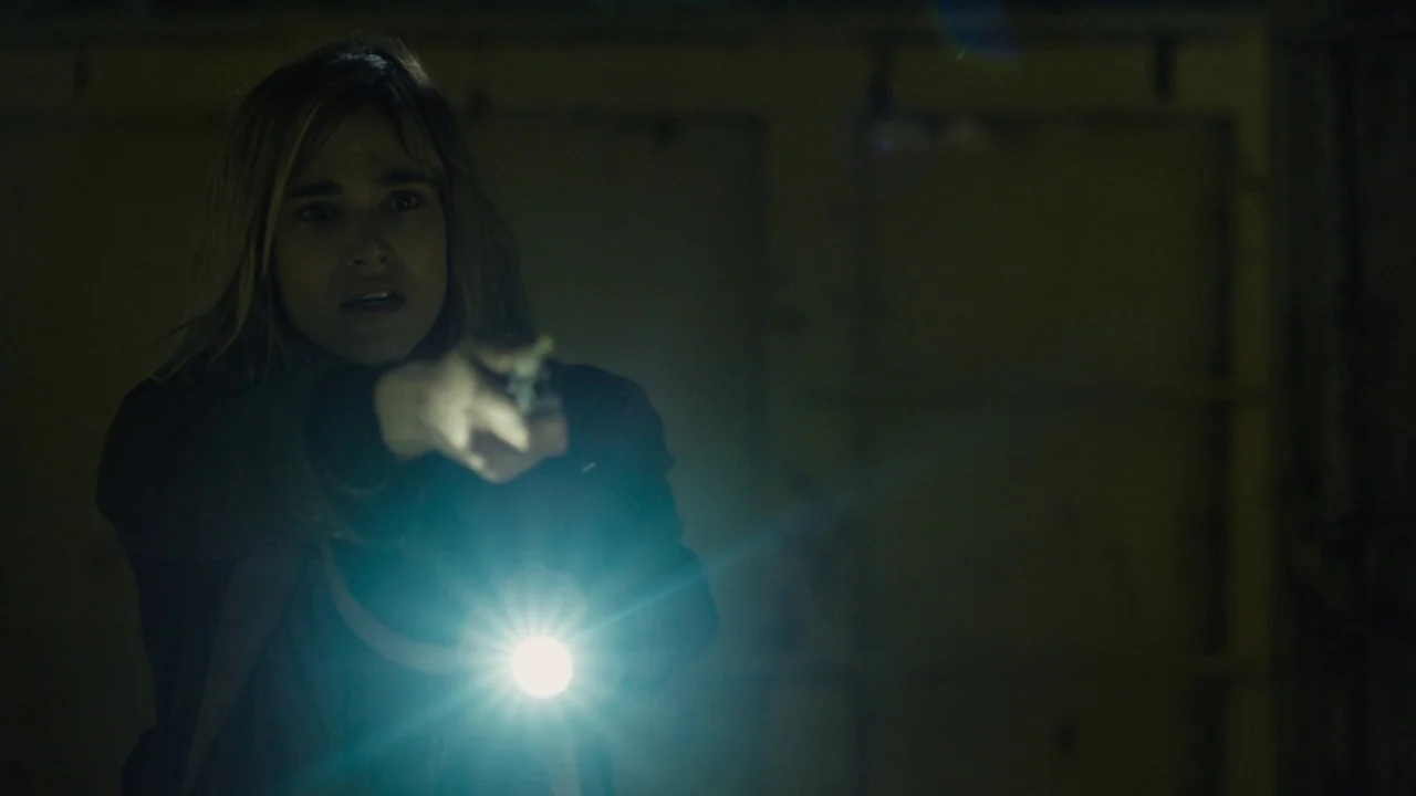 Fahrenheit 451 (2018) (2018) movie still: medium — A dark, dimly lit interior space with shadows obscuring the surrounding architecture. A woman…