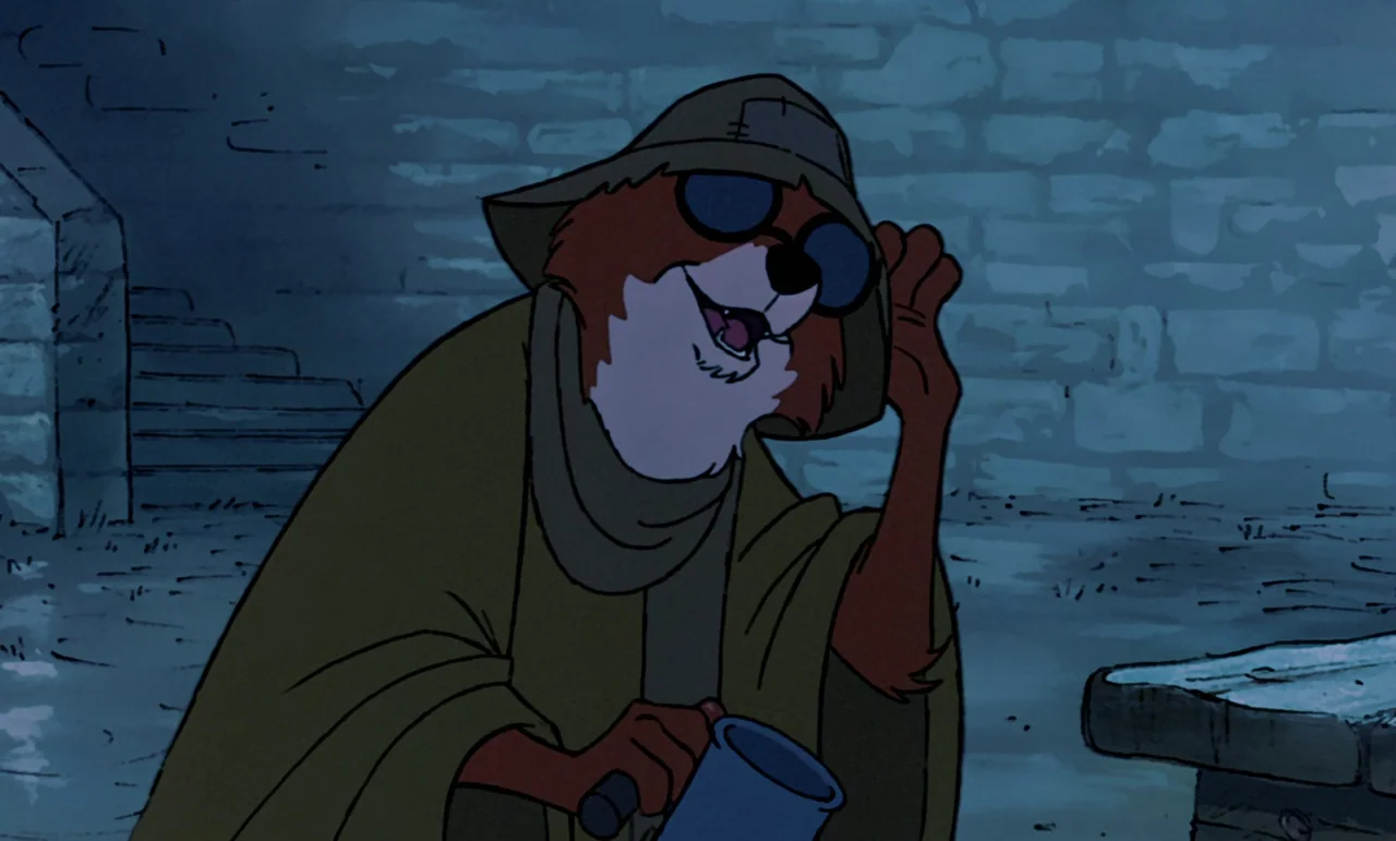 Robin Hood (1973) movie still: medium — An anthropomorphic fox character stands against a brick wall at night. The character adjusts their hat while…