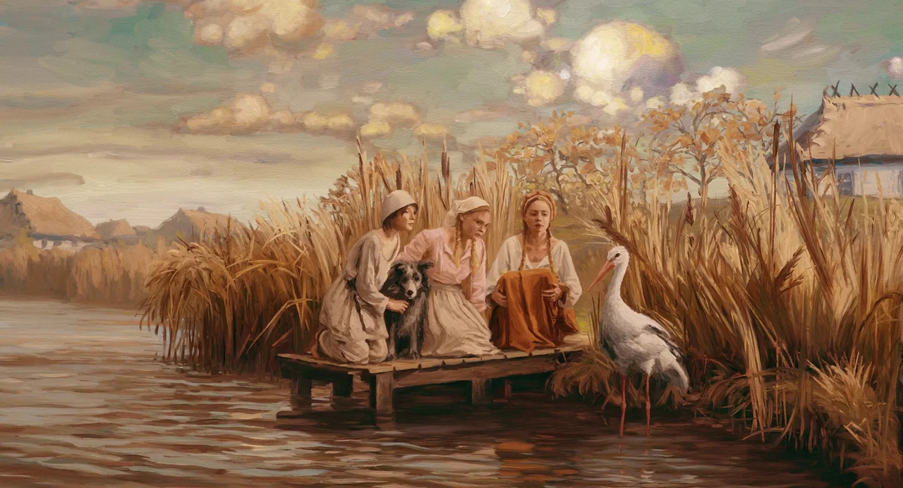 The Peasants (2023) movie still: wide — A wooden pier extends into a riverbank surrounded by tall, dry golden reeds. Three young girls sit on the…