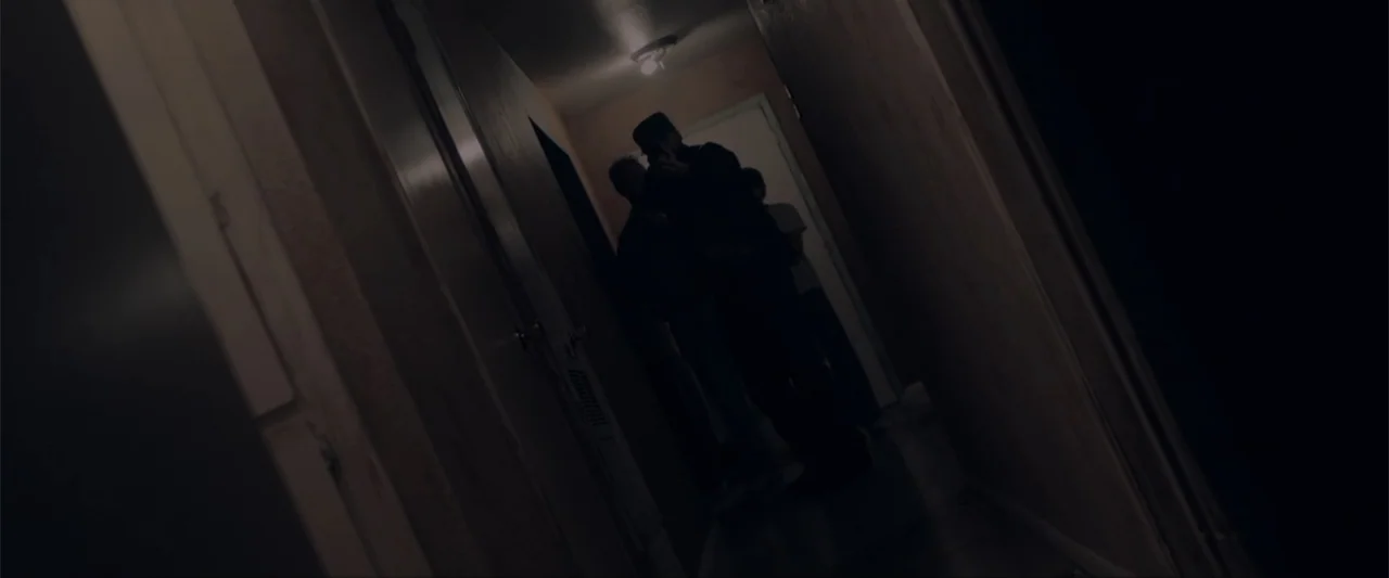 Anomaly (2006) movie still: medium — A dimly lit narrow residential hallway features dark walls and a single ceiling light fixture. Two individuals…