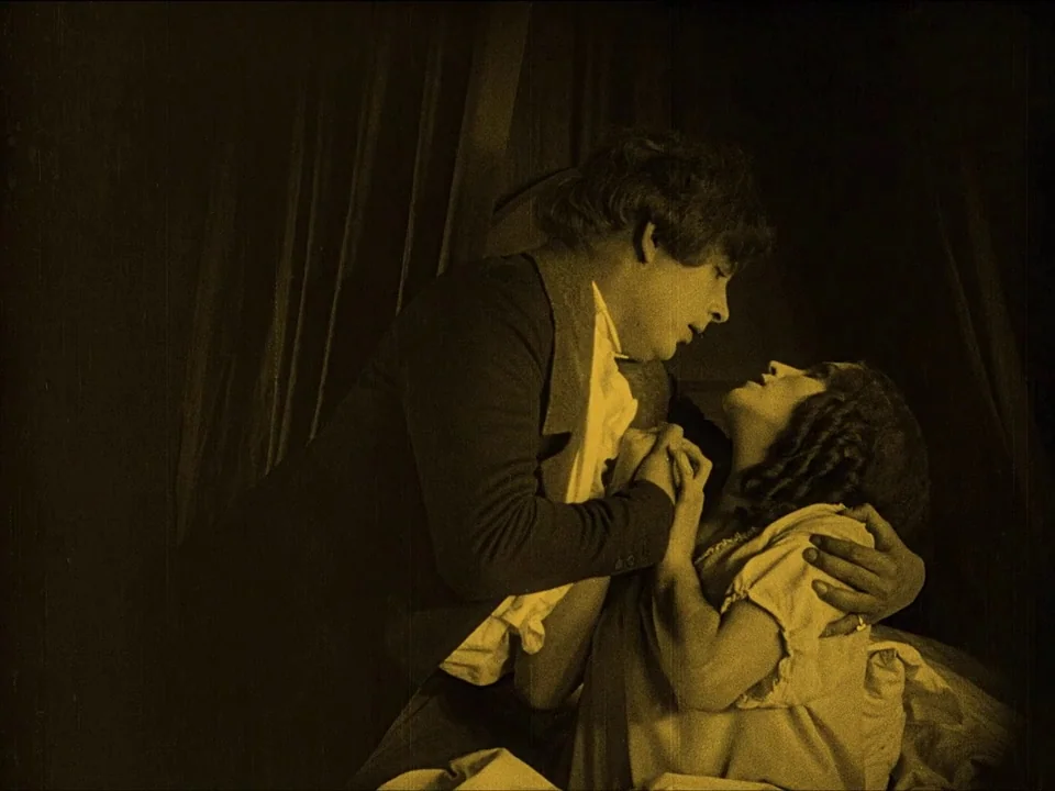 Nosferatu (1922) movie still: medium — A dimly lit, shadowed space suggests a room with draped fabrics. A man reaches toward a woman who lies back…