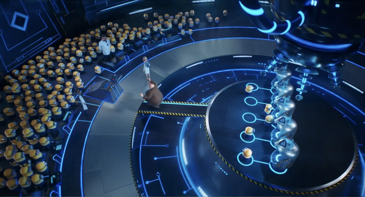 Despicable Me 4 (2024) movie still: wide — A high-tech circular laboratory features rows of small yellow creatures seated in tiered sections. A man…