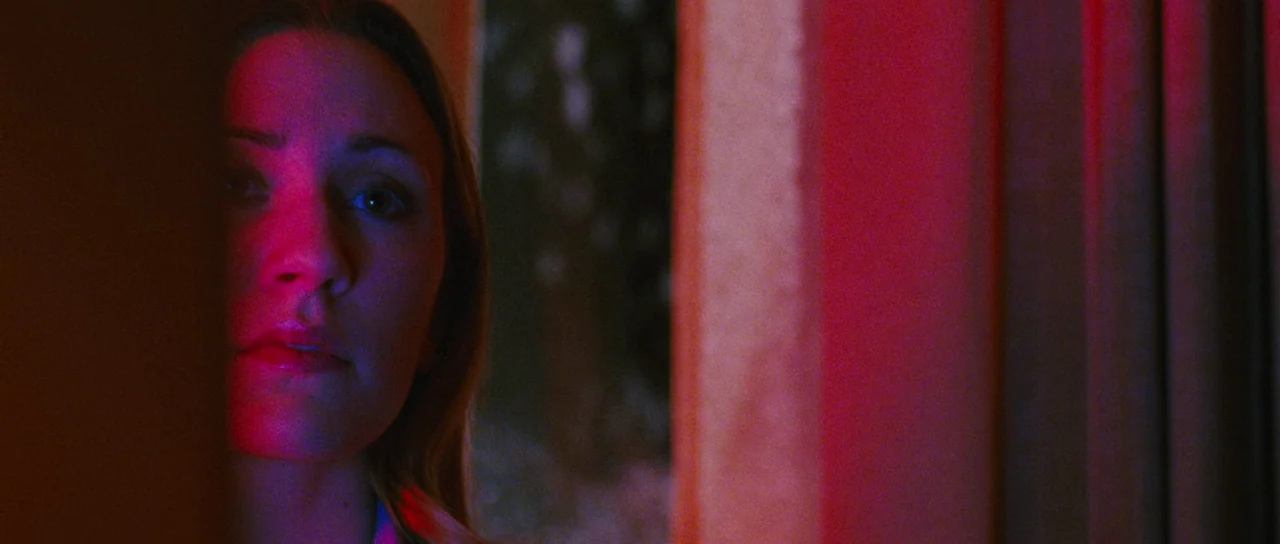 Black Christmas (2006) movie still: closeup — A dimly lit interior space with a vertical doorway gap in the center. A woman with hair pulled back…