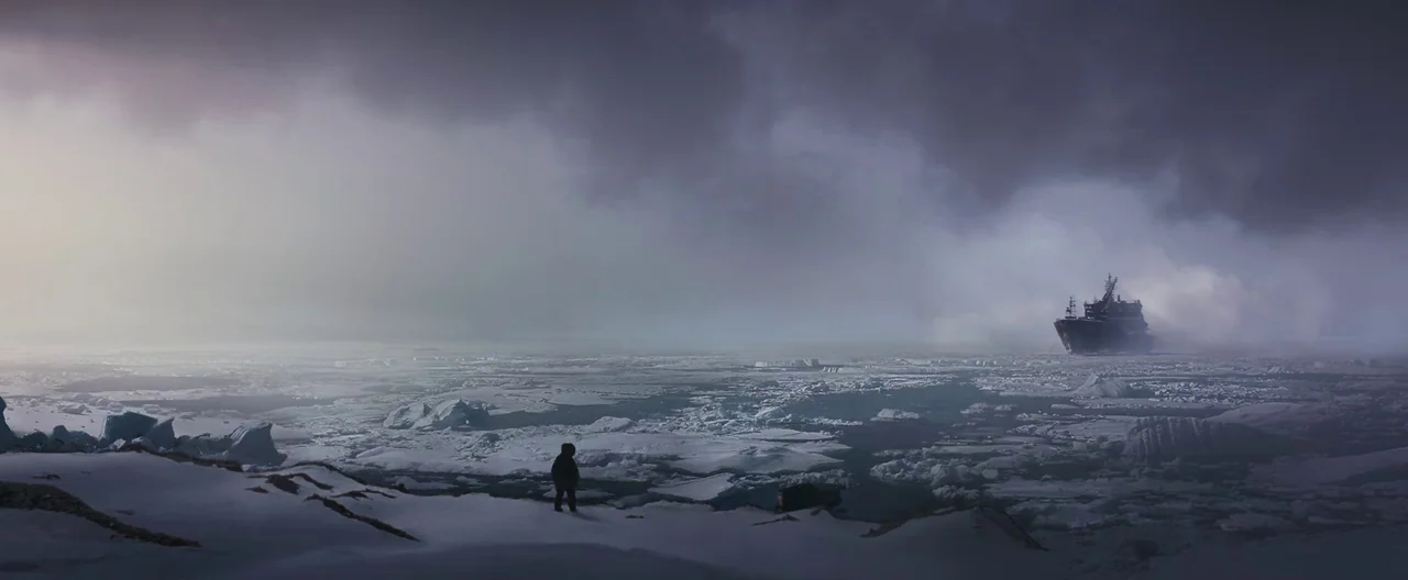 30 Days of Night (2007) movie still: wide — An expanse of ice floes and broken sea ice extends under a cloudy sky. A solitary person stands on a…