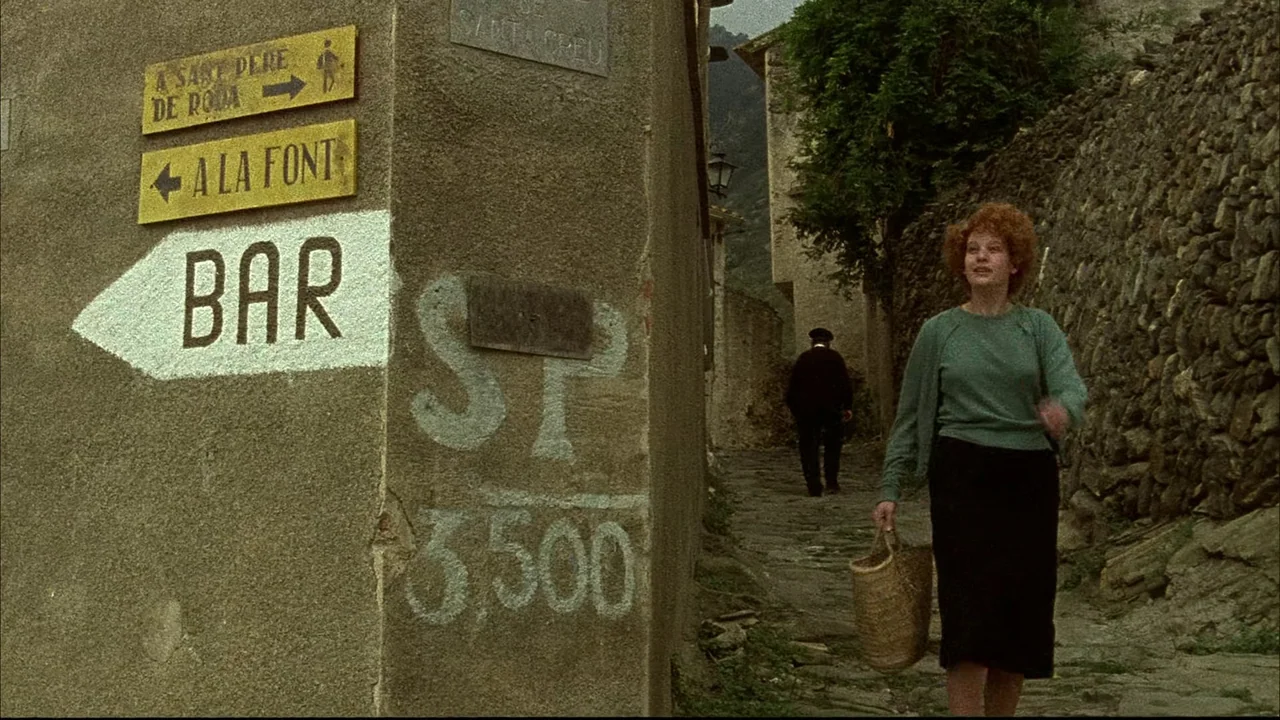 An Angel At My Table (1990) movie still: fullbody — A narrow cobblestone alley winds between stone walls marked with yellow direction signs. A woman…
