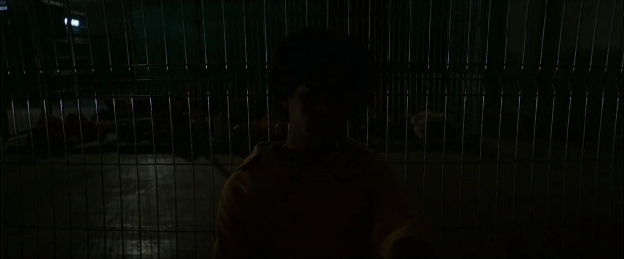 American Carnage (2022) movie still: medium — A dark outdoor space features a tall metal wire fence in the foreground. A person wearing a yellow…