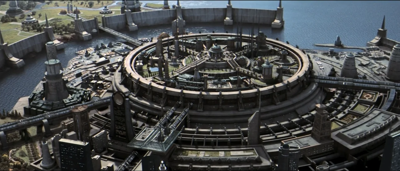 Star Trek: Nemesis (2002) movie still: establishing — A massive, circular futuristic city features complex concentric rings and towering defensive…