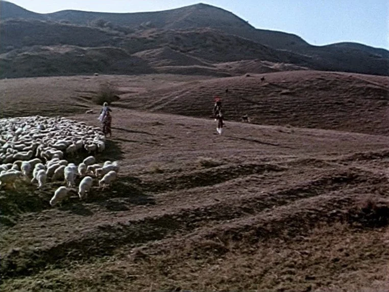 Ashik Kerib (1988) movie still: wide — A vast, arid expanse of rolling brown hills under a bright clear sky. A lone shepherd herds a large flock of…
