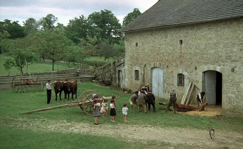 Lacombe, Lucien (1974) movie still: wide — A rural stone building sits on a grassy farmyard with trees in the background. A group of adults and…